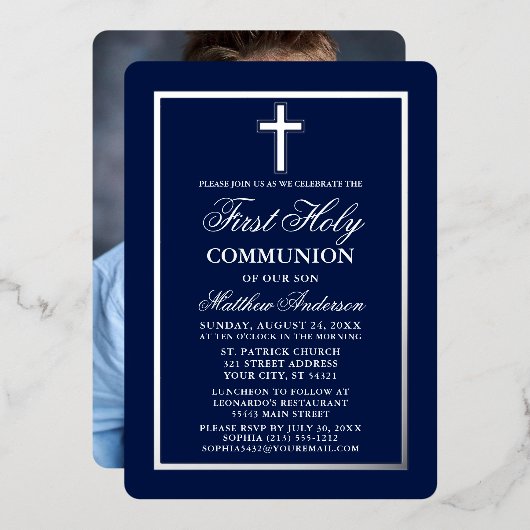 Invitation En Aluminium Marine Blue First Holy Communion Photo Cross Silve (Recto/Verso)