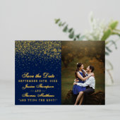 Invitation En Aluminium Marine Blue & Glam Gold Wedding Enregistrer La Dat (Debout devant)