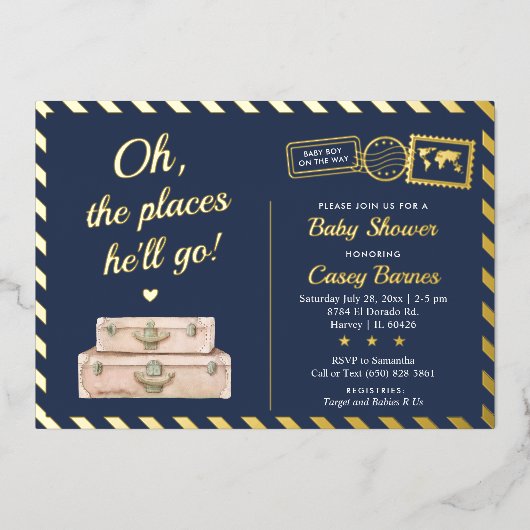 Invitation En Aluminium Marine Blue Gold Adventure Voyage bébé garçon douc (Recto)