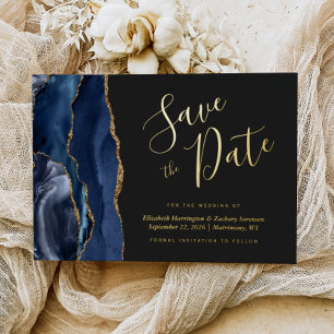 Invitation En Aluminium Marine Blue Gold Agate Dark Enregistrer la date