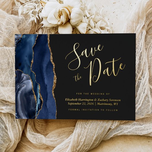Invitation En Aluminium Marine Blue Gold Agate Dark Enregistrer la date