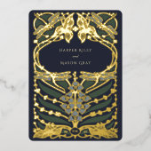 Invitation En Aluminium Marine Blue Gold Foil Art Nouveau Dragonfly Mariag (Recto)