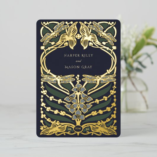 Invitation En Aluminium Marine Blue Gold Foil Art Nouveau Dragonfly Mariag (Debout devant)