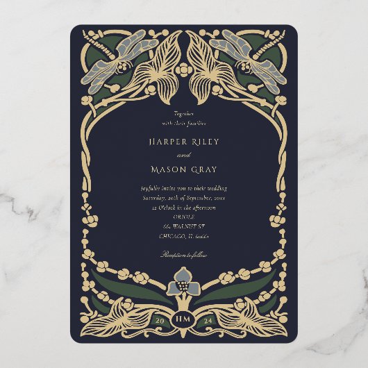 Invitation En Aluminium Marine Blue Gold Foil Art Nouveau Dragonfly Mariag (Verso)