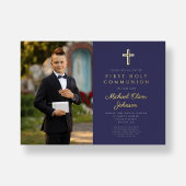 Invitation En Aluminium Marine Blue Gold Script Boy Photo First Communion