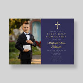 Invitation En Aluminium Marine Blue Gold Script Boy Photo First Communion