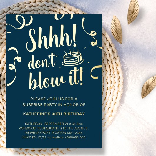Invitation En Aluminium Marine Blue & Gold Surprise Anniversaire Ne souffl