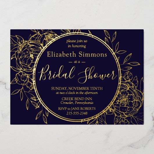 Invitation En Aluminium Marine Blue Modern Line Peony Toile Fête des marié (Recto)