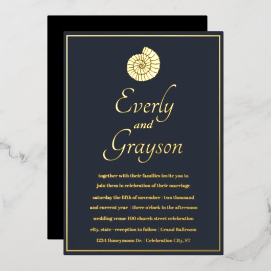 Invitation En Aluminium Marine Blue Opulence Seashell Beach Gold Mariage (Recto/Verso)