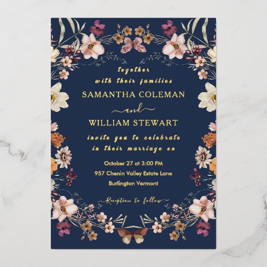 Invitation En Aluminium Marine Blue Pastel Fleur sauvage Moderne Boho Mari (Recto)