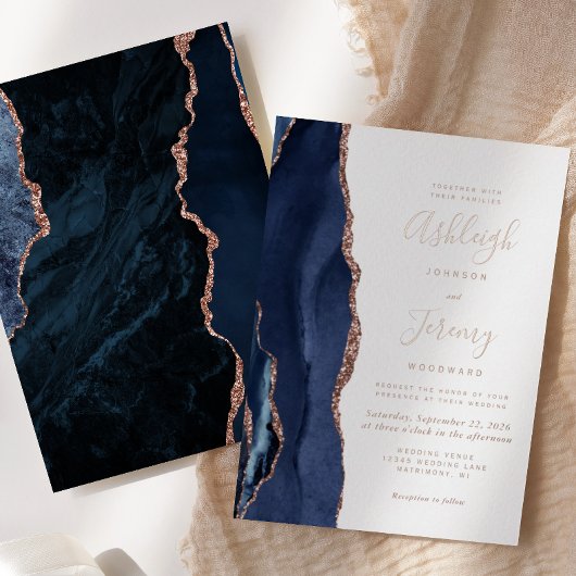 Invitation En Aluminium Marine Blue Rose Gold Agate Mariage moderne