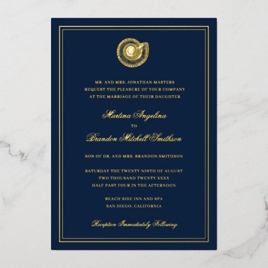 Invitation En Aluminium Marine Blue Seashell Beach Gold (Recto)