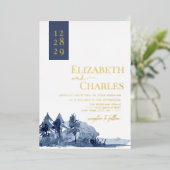 Invitation En Aluminium Marine Blue Trees Mountain Mariage d'hiver (Debout devant)