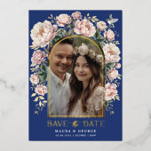 Invitation En Aluminium Marine Blush Chinoiserie Fleurs Photo Enregistrer  (Recto)