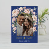 Invitation En Aluminium Marine Blush Chinoiserie Fleurs Photo Enregistrer  (Debout devant)