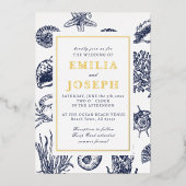 Invitation En Aluminium Marine classique océanique bleu Mariage or (Recto)