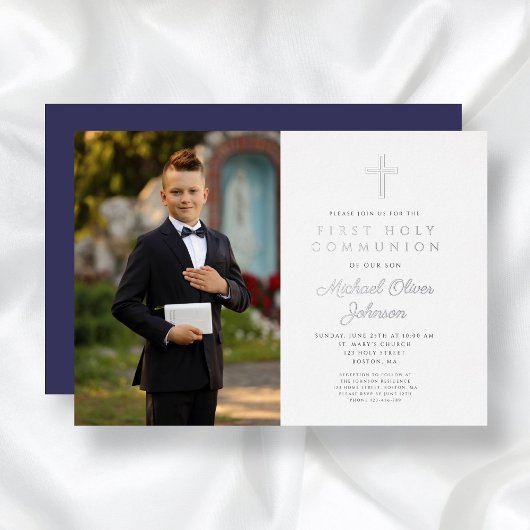 Invitation En Aluminium Marine Croix Bleue Boy Photo Première Communion Ar
