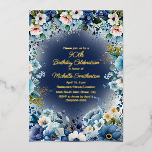 Invitation En Aluminium Marine Dusty Blue White Flowers 90e anniversaire