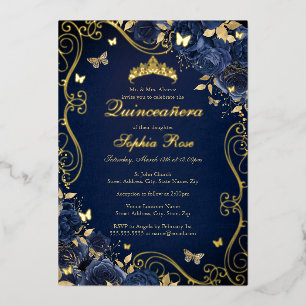 Invitation En Aluminium Marine Floral Gold Swirl Butterfly Quinceanera