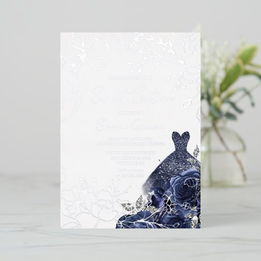 Invitation En Aluminium Marine Floral & Robe Sweet 16 Silver Leaf (Debout devant)
