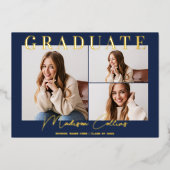 Invitation En Aluminium Marine moderne bleu 3 Photo Graduation Gold (Recto)