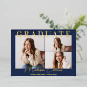 Invitation En Aluminium Marine moderne bleu 3 Photo Graduation Gold (Debout devant)