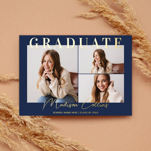 Invitation En Aluminium Marine moderne bleu 3 Photo Graduation Gold
