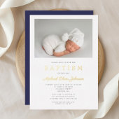 Invitation En Aluminium Marine moderne Blue Gold Script Photo Boy Baptême