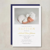 Invitation En Aluminium Marine moderne Blue Gold Script Photo Boy Baptême