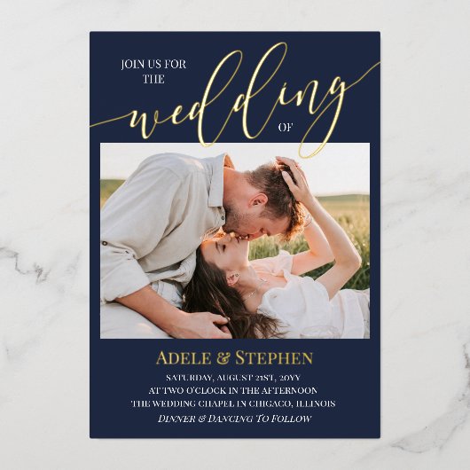 Invitation En Aluminium Marine Rejoignez-nous Script Photos Mariage double (Recto)