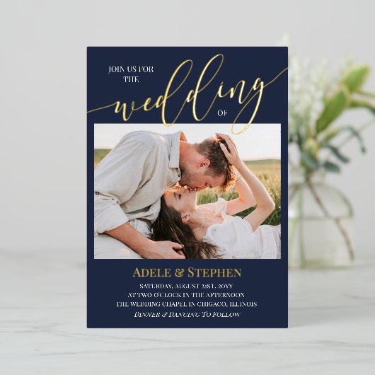 Invitation En Aluminium Marine Rejoignez-nous Script Photos Mariage double (Debout devant)