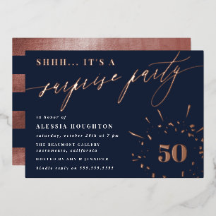 Invitation En Aluminium Marine & Rose Gold Script Surprise Party