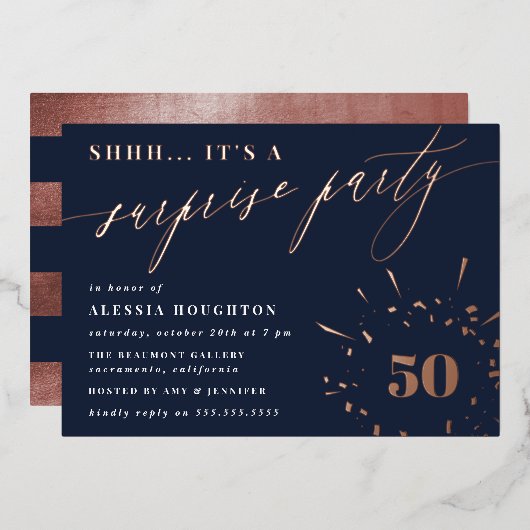 Invitation En Aluminium Marine & Rose Gold Script Surprise Party (Recto/Verso)