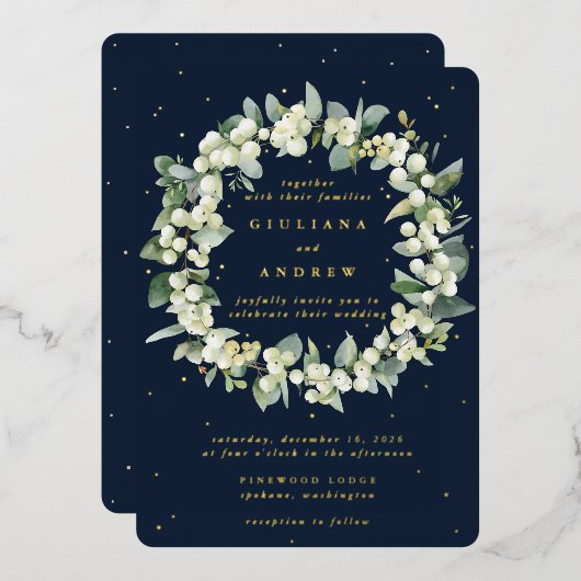Invitation En Aluminium Marine Snowberry+Eucalyptus Wreath d'hiver Mariage (Recto/Verso)