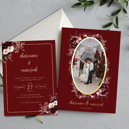 Invitation En Aluminium Maroon Burgundy Floral Photo Mariage Or