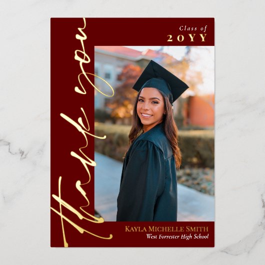 Invitation En Aluminium Marsala Gold Script Photo Graduation Merci (Recto)