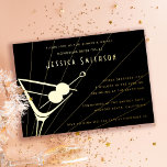 Invitation En Aluminium Martini Martini Black and Gold Bachelorette<br><div class="desc">Un vrai papier d'aluminium est là ! Feuille d'or sur arrière - plan de couleur personnalisée; choisissez entre l'or classique,  l'argent ou l'or rose. Tout le texte est modifiable pour votre événement festif.</div>