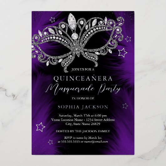 Invitation En Aluminium Mascarade d'argent violet Star Quinceanera (Recto)