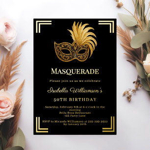 Invitation En Aluminium Mascarade d'or noir fête d'anniversaire de luxe