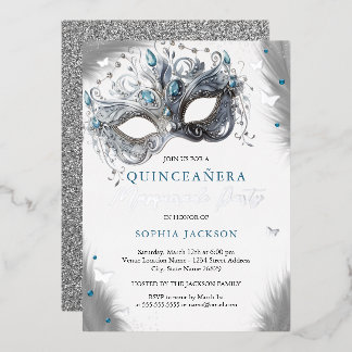 Invitation En Aluminium Mascarade en argent bleu papillon Quinceanera