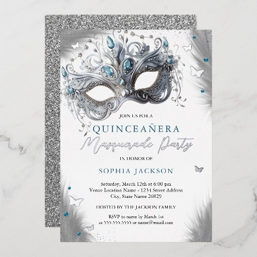 Invitation En Aluminium Mascarade en argent bleu papillon Quinceanera (Recto/Verso)