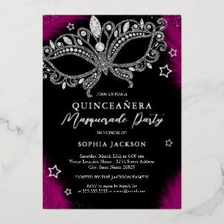 Invitation En Aluminium Mascarade en argent rose Star Quinceanera