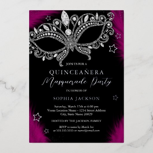 Invitation En Aluminium Mascarade en argent rose Star Quinceanera (Recto)