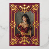 Invitation En Aluminium Mascarade en or rouge photo Quinceanera (Recto)
