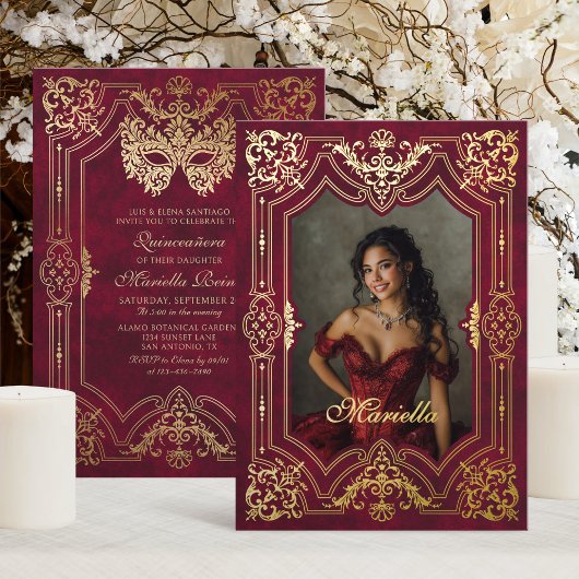 Invitation En Aluminium Mascarade en or rouge photo Quinceanera