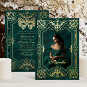 Invitation En Aluminium Mascarade en or vert photo Quinceanera