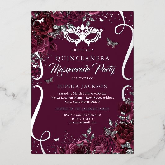 Invitation En Aluminium Mascarade Papillon Bourgogne Silver Quinceanera (Recto)