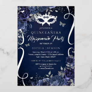 Invitation En Aluminium Mascarade papillon marine Quinceanera en argent