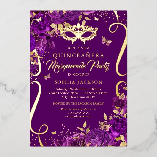 Invitation En Aluminium Mascarade Papillon pourpre Quinceanera (Recto)
