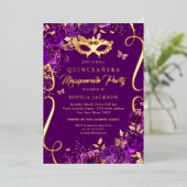 Invitation En Aluminium Mascarade Papillon pourpre Quinceanera (Debout devant)
